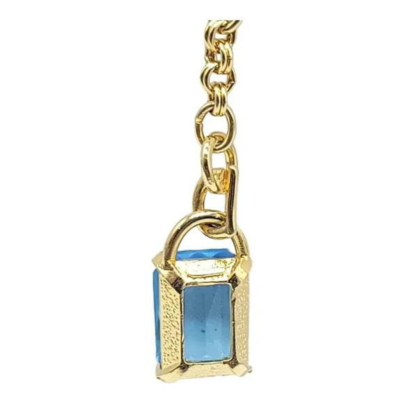 ParkLane Gold Tone Faux Blue Topaz Rhinestone Emerald Cut Pendant Necklace Vint - Picture 3 of 6